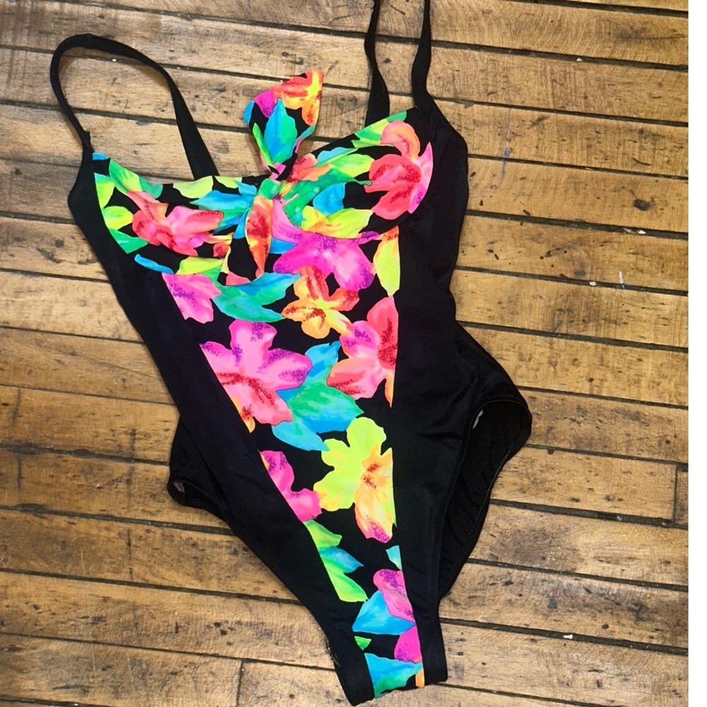 Vintage Neon Floral One Piece Swimsuit Black Hibiscus Tie Front High Cut Leg